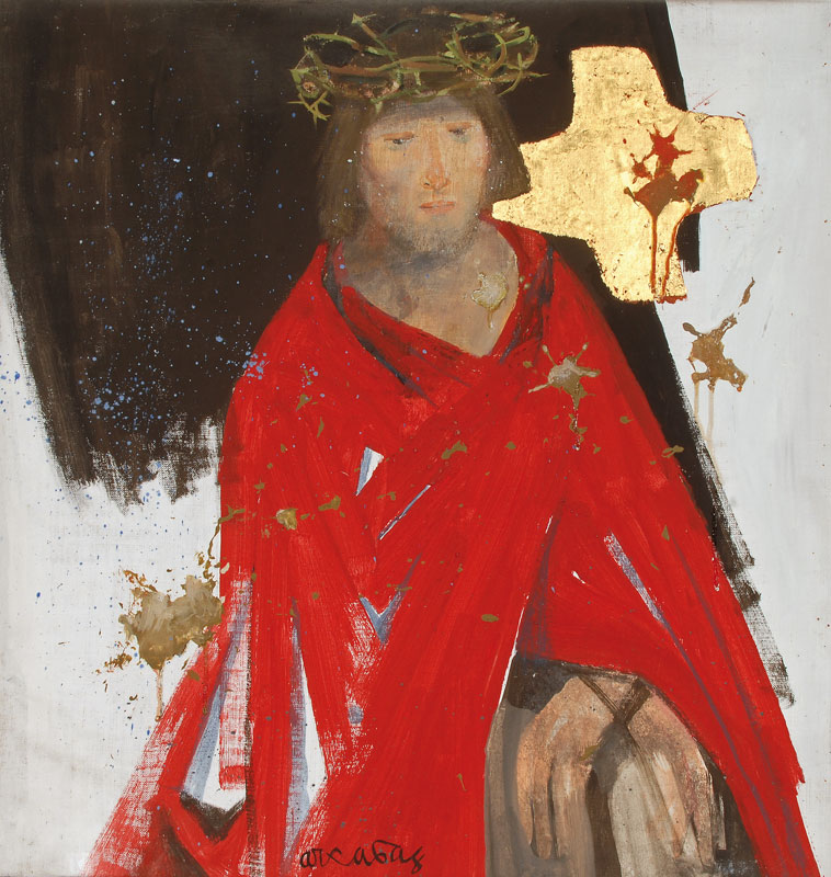 Jésus est humilié après son arrestation. Il revêt la chlamyde (manteau des rois) et porte une couronne d’épines sur la tête.  Des taches sur la toile représentent les insultes et les crachats.  Une tache ensanglante la croix.