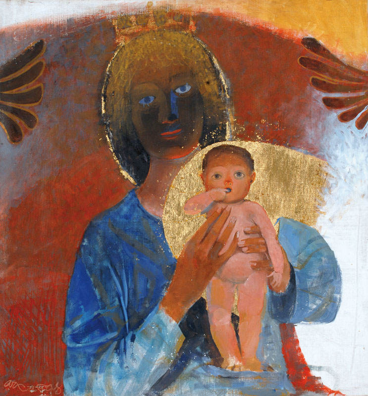 La Vierge présente l’enfant, elle est en retrait, d’où son visage assombri, elle met son enfant dans la lumière. L'enfant met son doigt dans sa bouche.