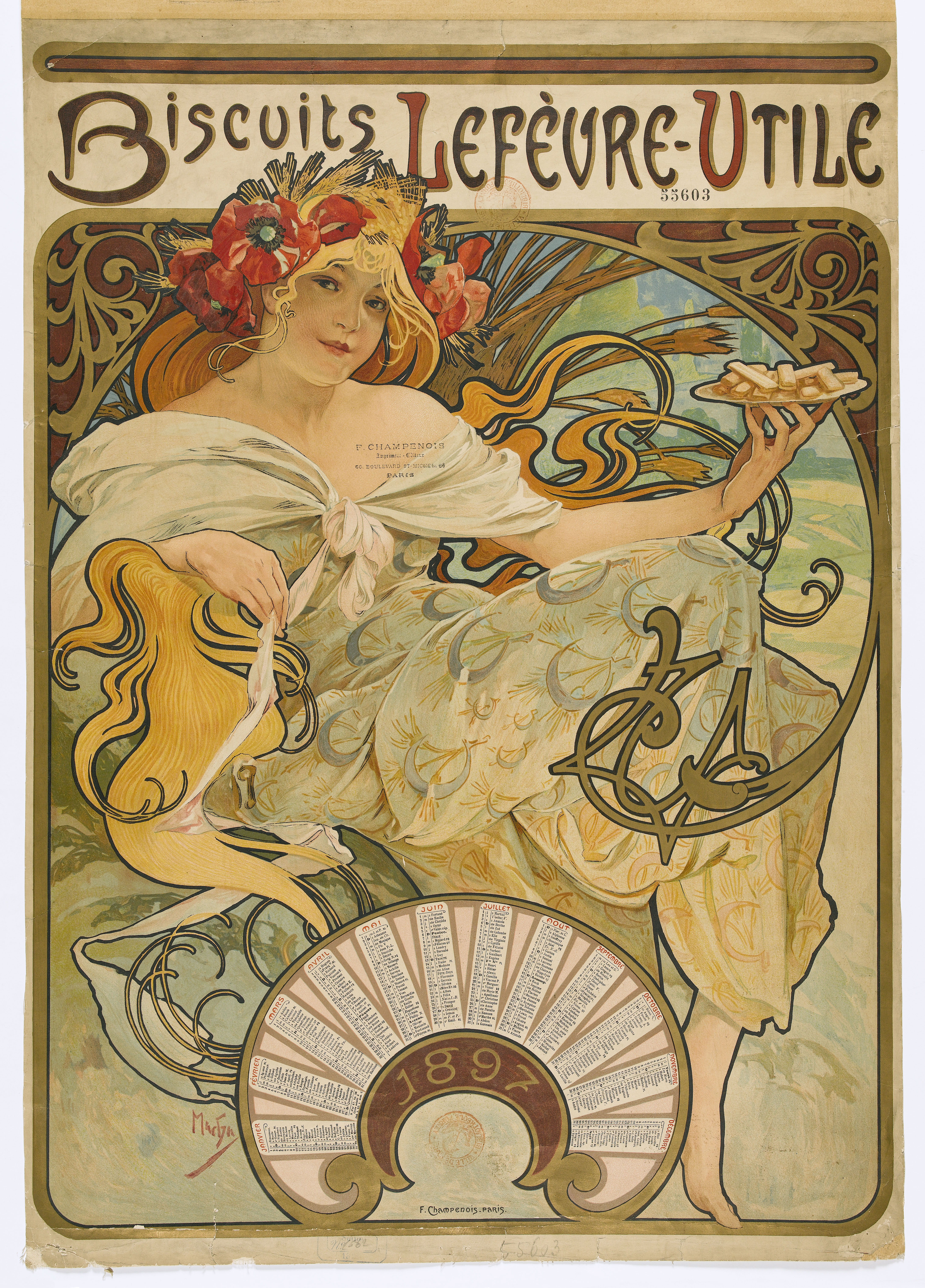 Affiche représentant une femme à longue chevelure blonde, coiffée d'une couronne de coquelicots et de blés, tenant une assiette de biscuits dans sa main gauche.