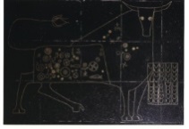 Arcabas représente un taureau pour Saint-Luc avec du laiton noyé dans du granito noir