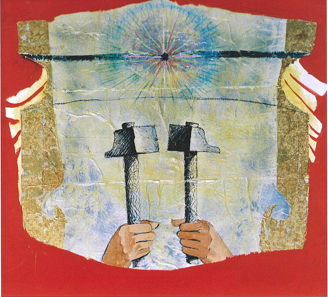 Un ange abstrait porte des marteaux pour représenter la crucifixion