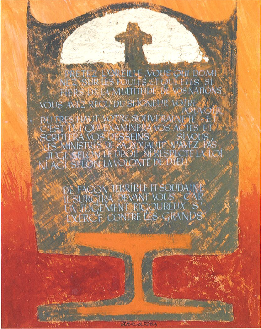 Symbole abstrait sur lequel est peint un extrait du Livre de la Sagesse