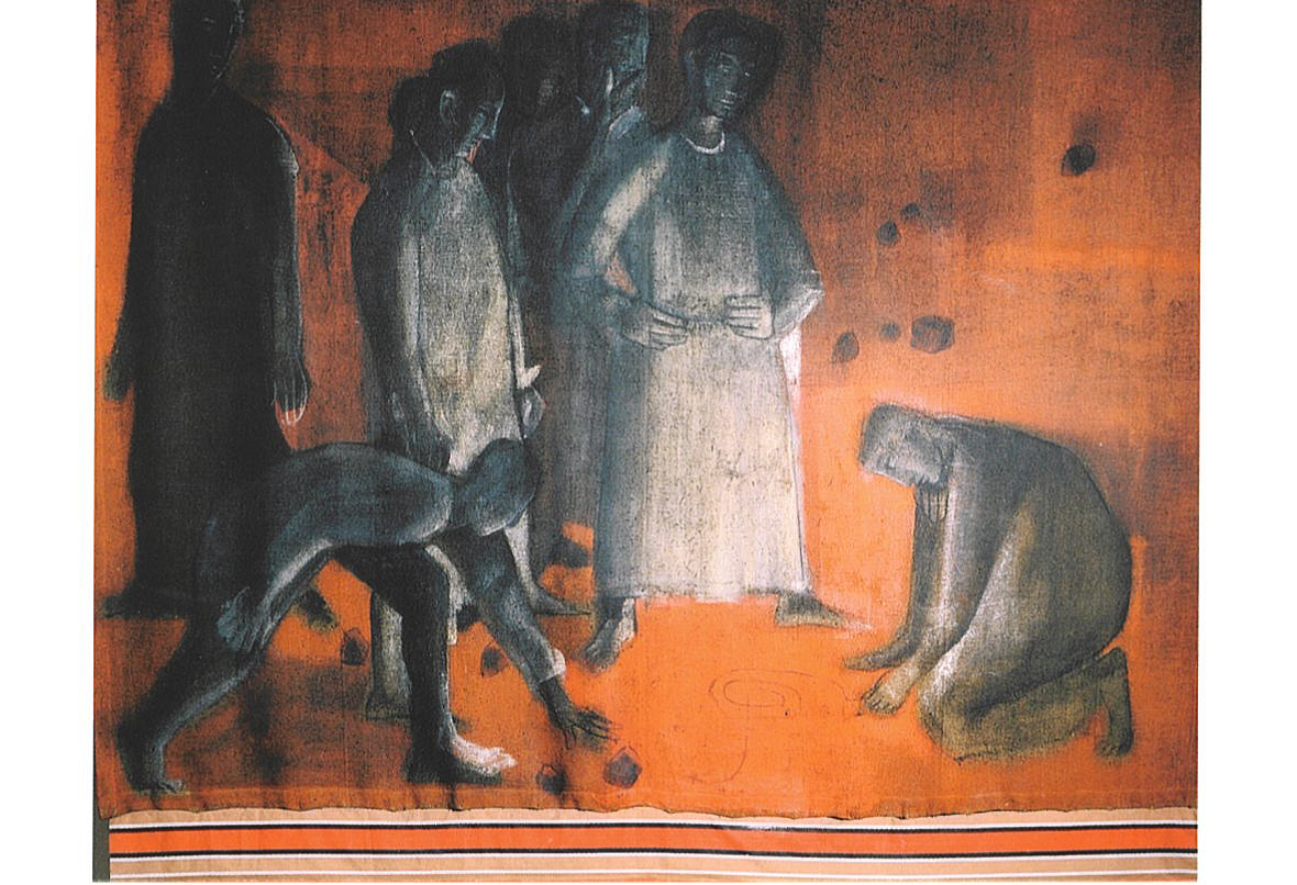 Jésus à droite dessine sur le sol, des personnages sont à côté de lui. Une personne pose une pierre ou la pose.