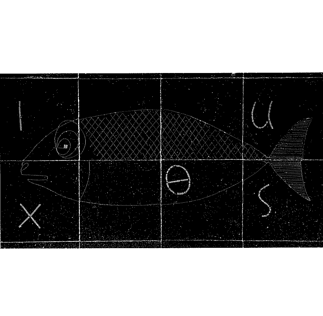 Arcabas représente un poisson accompagné de cinq lettres grecques avec du laiton noyé dans du granito noir