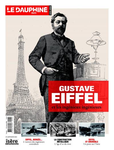 Photo de G. Eiffel avec en arrière fond la tour Eiffel, titre de la publication sur fond rouge