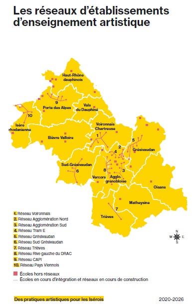 Carte des réseaux territoriaux d'établissements d'enseignement artistique en Isère 