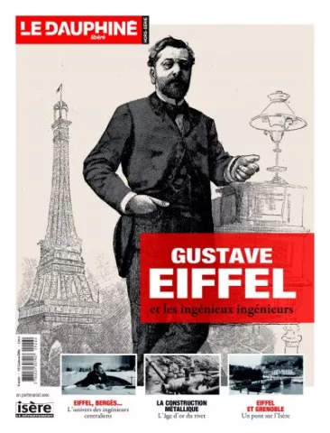 Photo de G. Eiffel avec en arrière fond la tour Eiffel, titre de la publication sur fond rouge