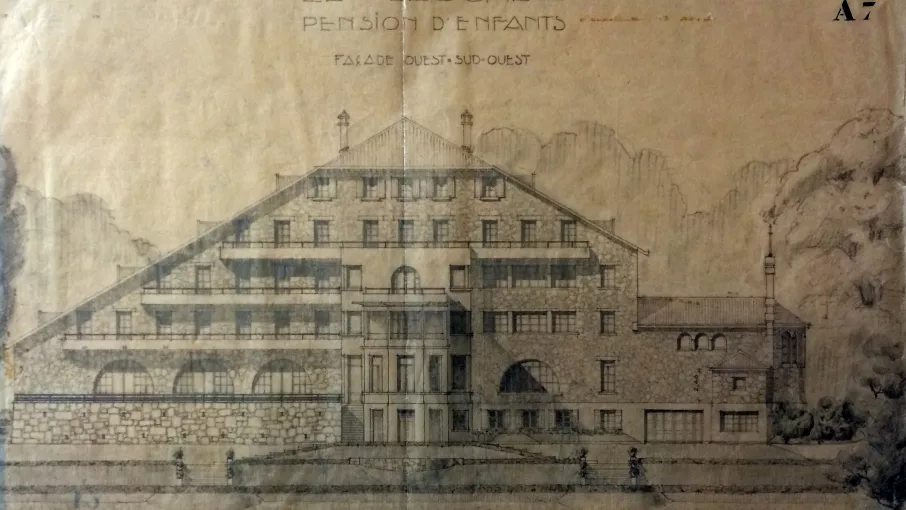 Dessin de la façade sud, Pouradier-Duteil architecte, 1932 (AD Isère 86 J 10). © Archives Départementales de l'Isère