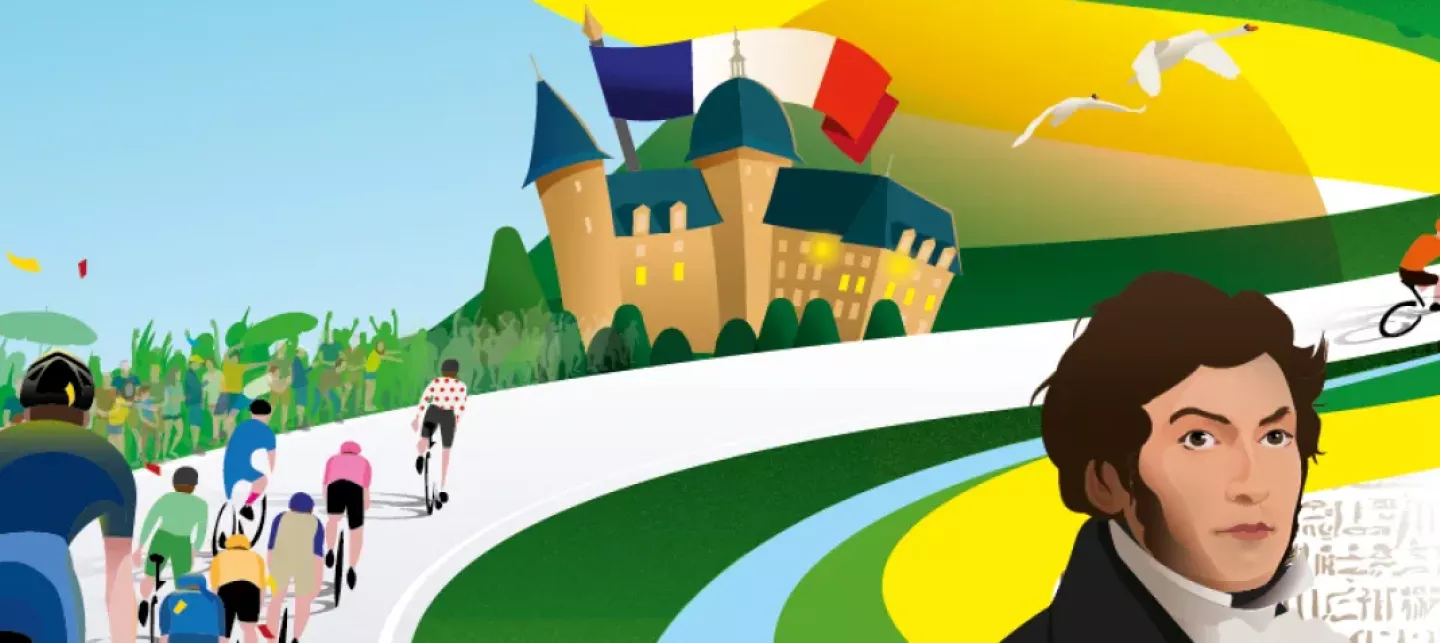 Image illustrant le passage du Tour de France en Isère en 2025. Dessins de coureurs, de Champollion, du Domaine de Vizille.