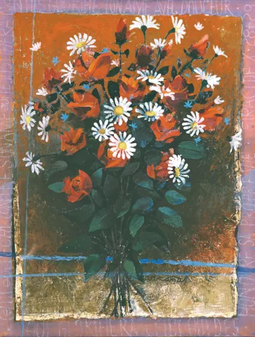 Ce bouquet de fleur coupées est entouré d’un texte du Siracide exhortant les hommes à honorer leur propre âme. © Département de l'Isère