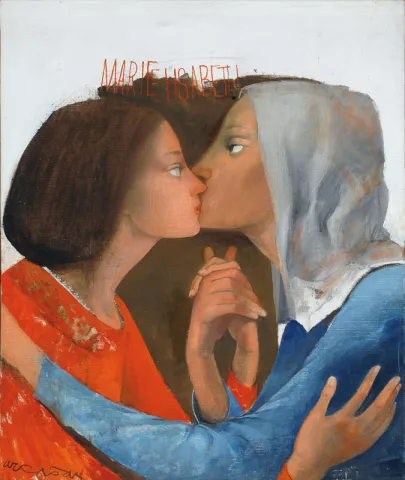Marie embrasse sa cousine sur la joue et chante « le Magnificat ». Marie porte un costume rouge et Elisabeth le costume traditionnellement attribué à Marie avec les couleurs du ciel. © Denis Vinçon