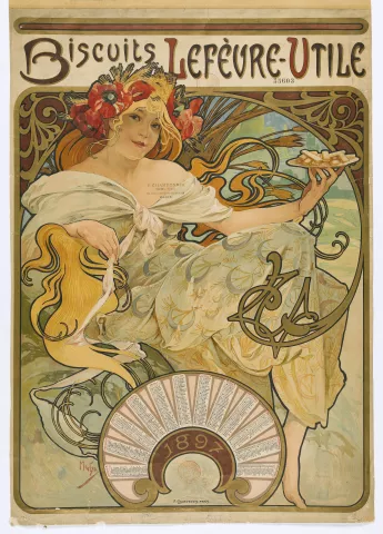 Affiche représentant une femme à longue chevelure blonde, coiffée d'une couronne de coquelicots et de blés, tenant une assiette de biscuits dans sa main gauche. © Maison Bergès