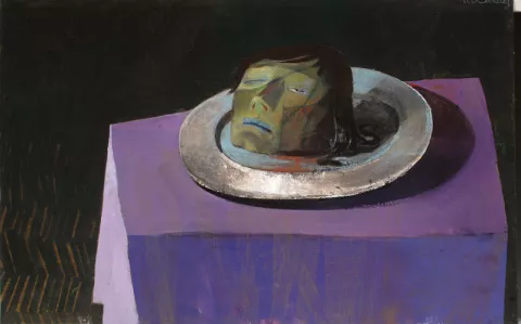 La tête de Jean-baptiste © Allégret Tête de Jean-baptiste coupé sur un plateau d'argent, avec une nappe violette © Allégret