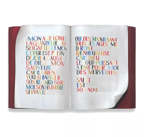 Oeuvre en tôle formant un livre avec les paroles de Marie à Elisabeth © Denis Vinçon