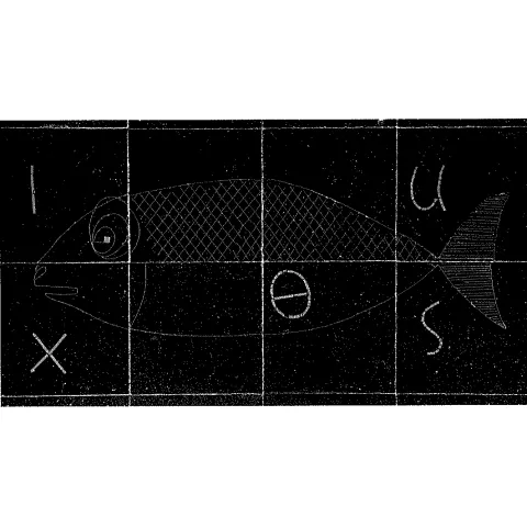 Arcabas représente un poisson accompagné de cinq lettres grecques avec du laiton noyé dans du granito noir © Denis Vinçon