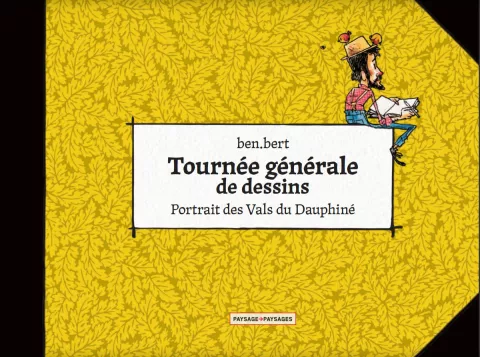 Couverture de la plaquette : un dessinateur dessiné assis sur le cartouche du titre