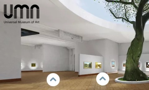 vue d'une salle de l'exposition virtulle, un arble planté au centre © UMA