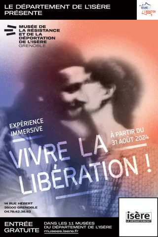 Visuel du dispositif Vivre la Libération représentant une photo ancienne d'une femme embrassant un résistant