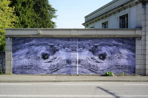 Oeuvre monumentale de Philippe Baudelocque sur un grand mur