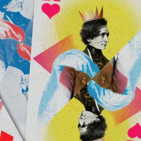 Extrait de l'affiche de l'exposition "Trop fort Hector !" au musée Hector-Berlioz à La Côte-Saint-André. Portrait de Berlioz décliné sur un jeu de cartes.