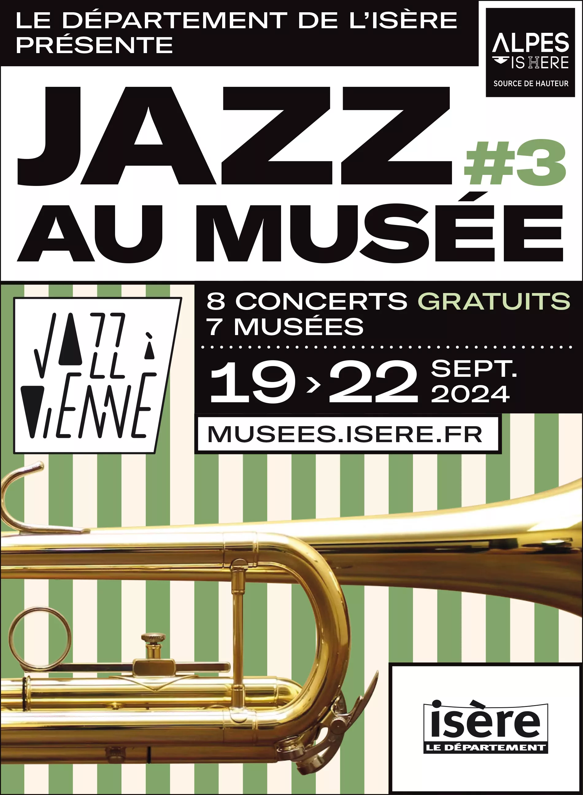 Visuel de Jazz au musée numéro 3. Une trompette en gros plan sur des bandes de couleur
