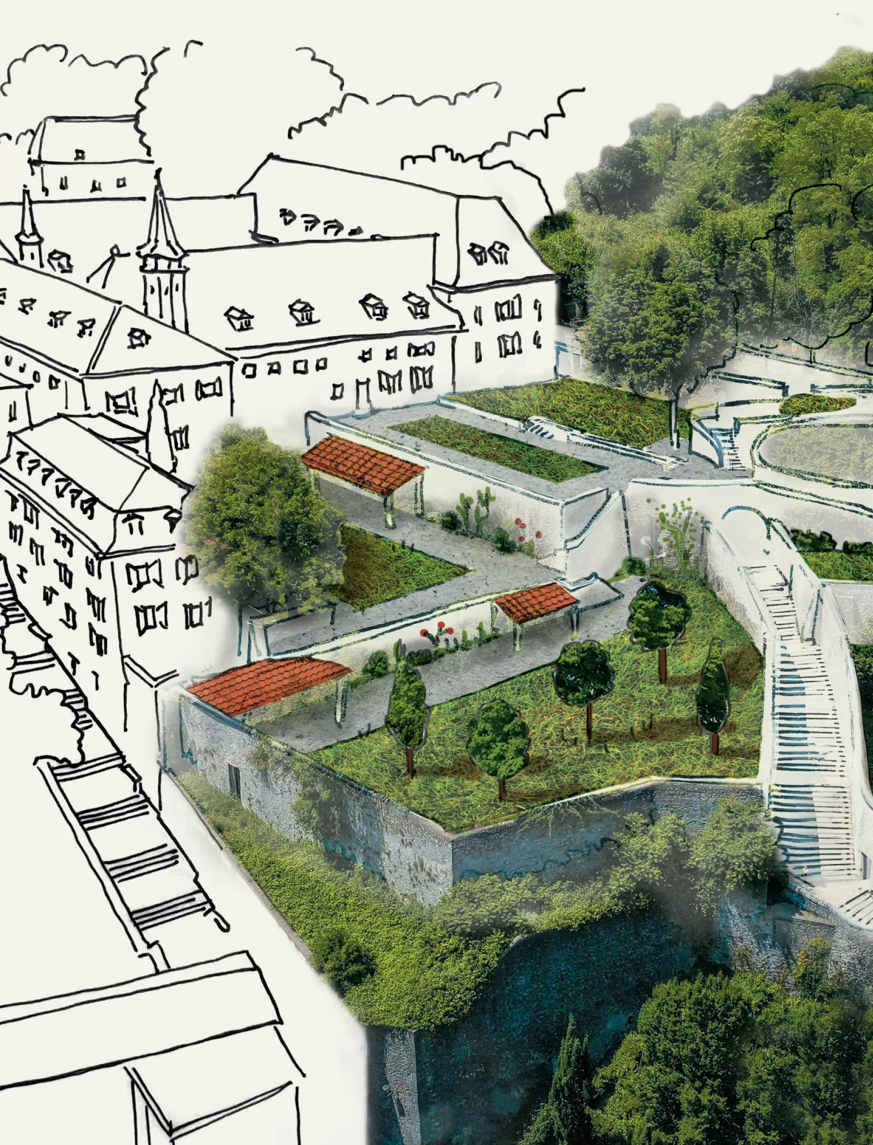 Visuel des nouveaux jardins du Musée dauphinois : vue aérienne des jardins mixant croquis et prise de vue réelle