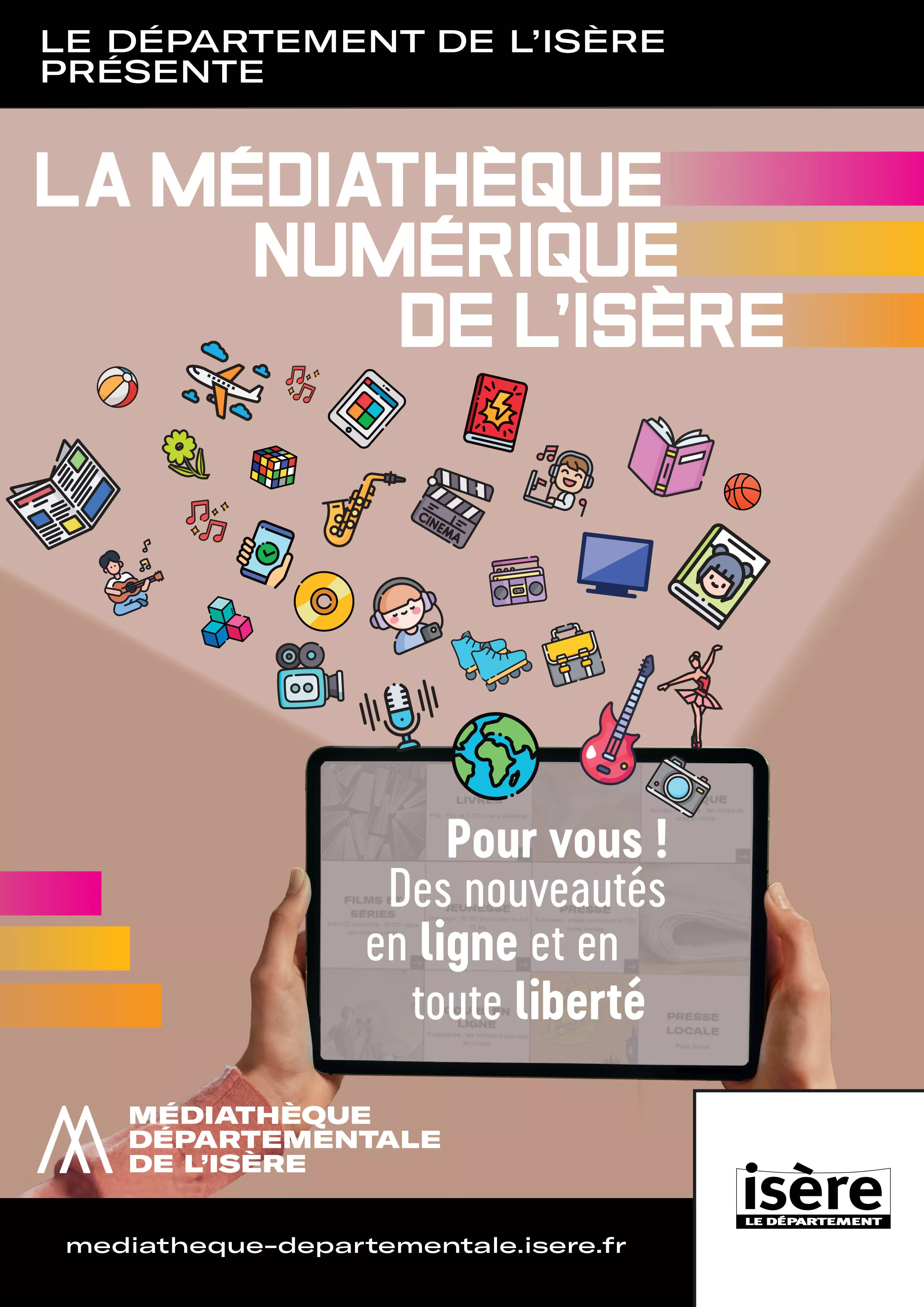 Visuel de la campagne d'offre nuémrique de la médiathèque de l'Isère qui représente des pictos divers et variés sortants d'une tablette