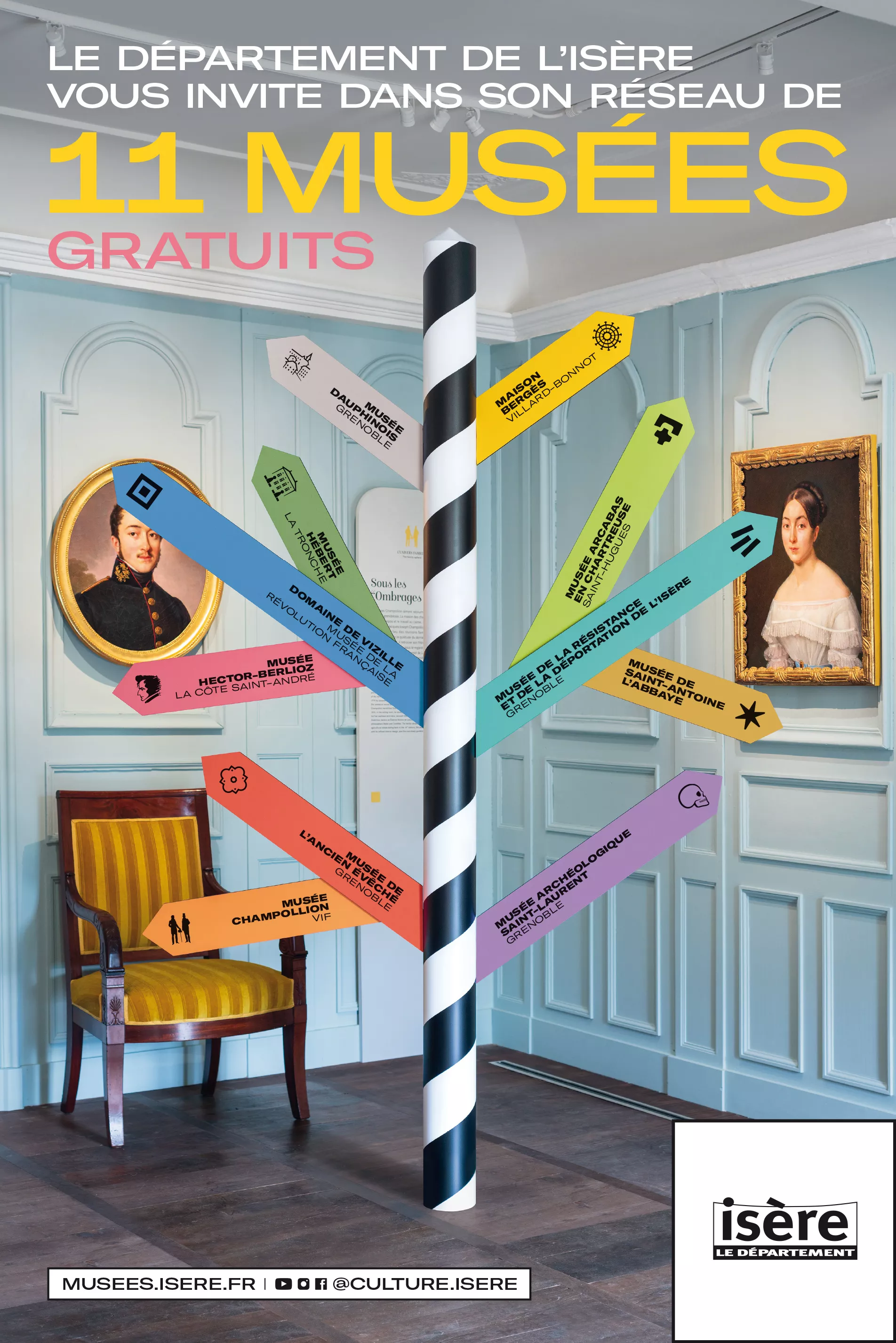 Visuel pour le réseau des musées. Un panneau multi directionnel en forme d'arbre est posé dans la salle d'un musée