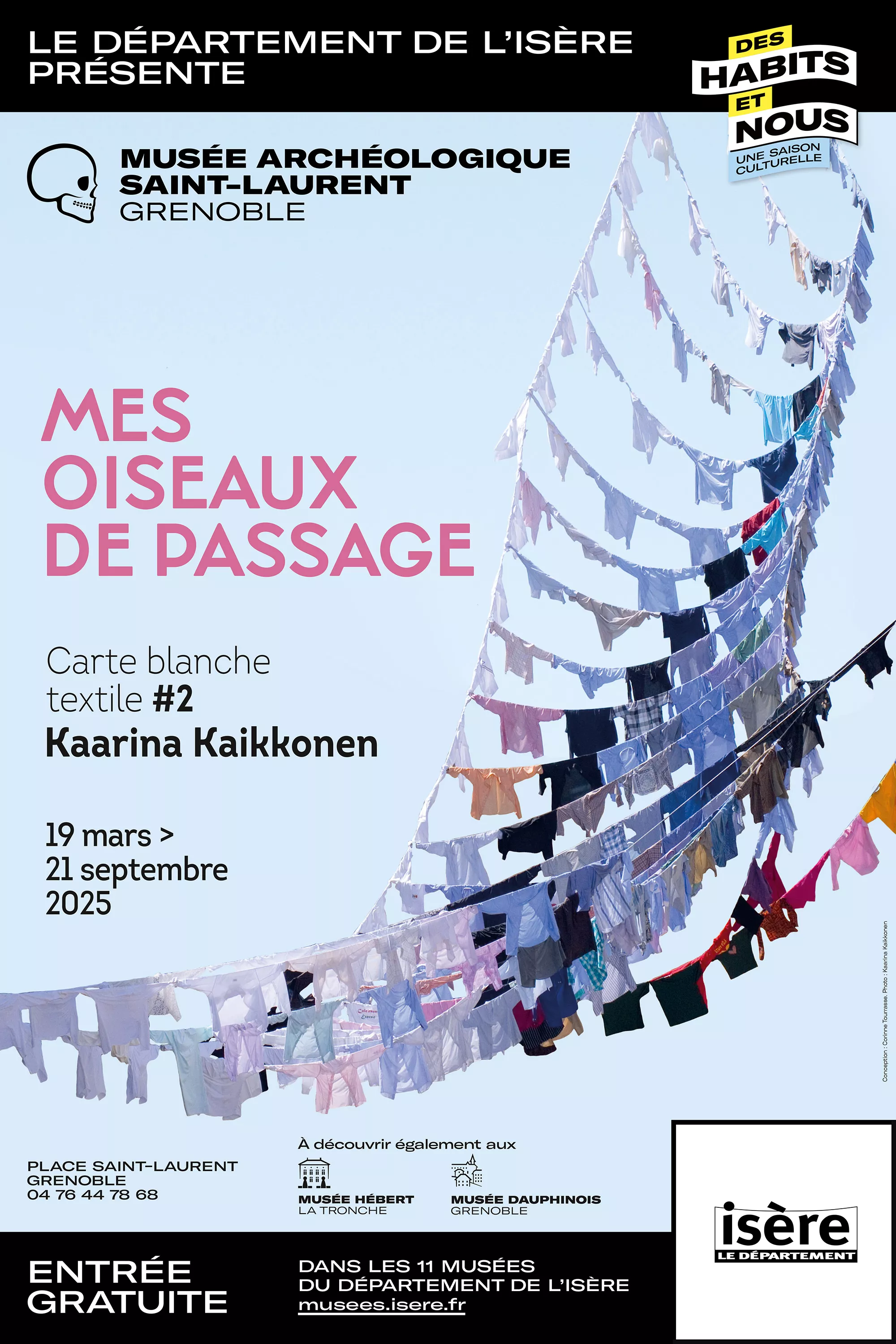Affiche de Mes oiseaux de passage, carte blanche textile à Kaarina Kaikkonen au musée archéologique Saint-Laurent