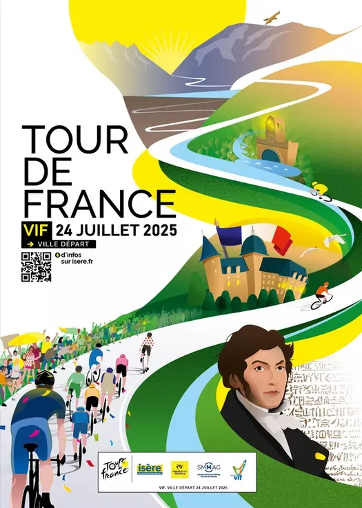 Illustration du passage du Tour de France en Isère en 2025. Dessins de coureurs, de Champollion, du Domaine de Vizille