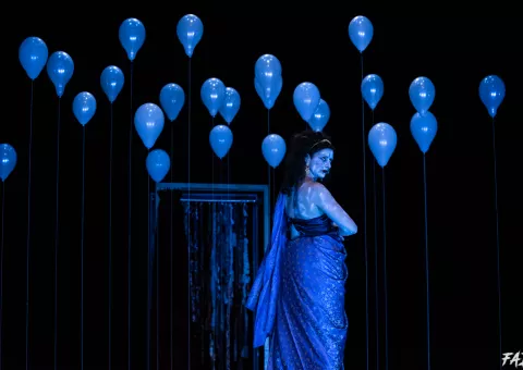 Ue femme habillée en bleu sur fond noir parsemé de ballons bleus © Fanny Desbaumes / FAD