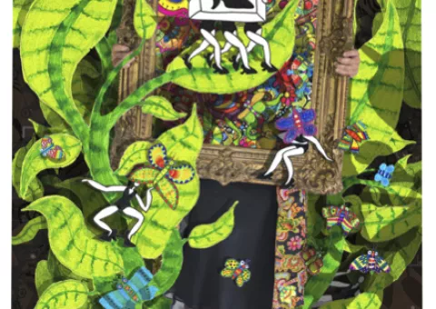 décors de feuillages vert avec des petits personnages incrustrés