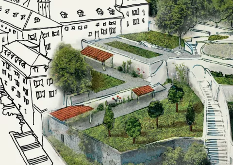 Visuel des nouveaux jardins du Musée dauphinois : vue aérienne des jardins mixant croquis et prise de vue réelle
