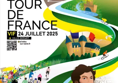 Visuel du passage du Tour de France en Isère 2025 Illustration du passage du Tour de France en Isère en 2025. Dessins de coureurs, de Champollion, du Domaine de Vizille