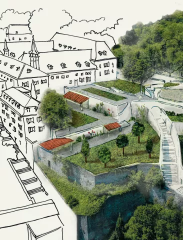Visuel des nouveaux jardins du Musée dauphinois : vue aérienne des jardins mixant croquis et prise de vue réelle