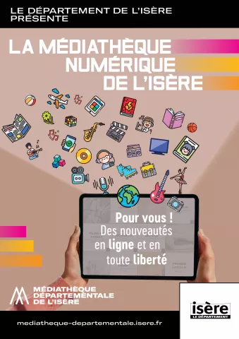 Visuel de la campagne d'offre nuémrique de la médiathèque de l'Isère qui représente des pictos divers et variés sortants d'une tablette