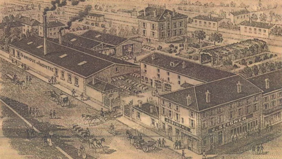 Entête distillerie Seigner à Bourgoin, logis patronal, magasin et distillerie occupant un îlot urbain complet (Archives privées)