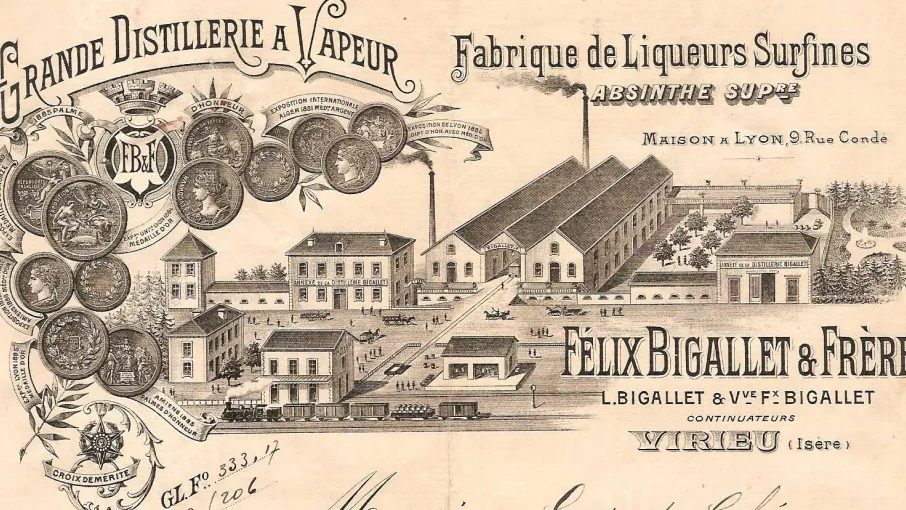 Entête de lettre distillerie Bigallet à Panissage. Site industriel implanté à la fin du XIXe siècle en face du chemin de fer (Archives privées).
