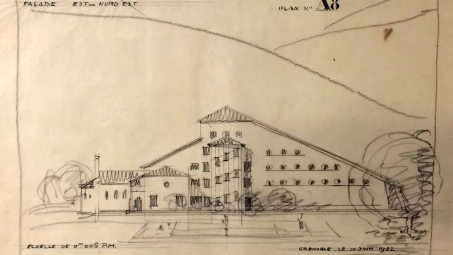 Esquisse de la façade nord, Pouradier-Duteil architecte, 1932 (AD Isère 86 J 10) © Archives Départementales de l'Isère