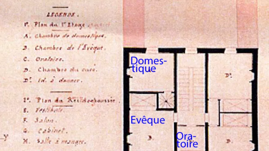 Extrait du plan-type de cure, 1er étage, par l’architecte diocésain de l’Hérault et du Gard, Henri Revoil, 1853 ( Archives Nationales) © Archives nationales