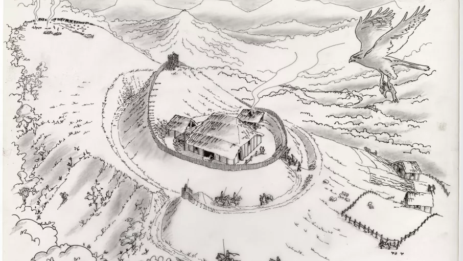 Croquis de restitution de la motte du Chatelard à Chirens. Dessin P.Y Carron © Patrimoine culturel