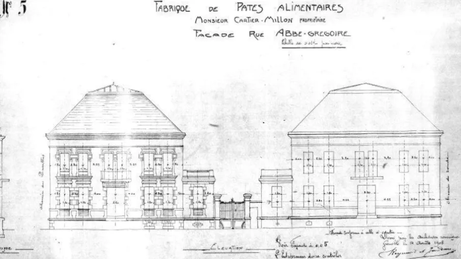 Plan de la façade de la fabrique Cartier-Millon, Reynaud et Jourdan architectes, 1908 © Archives municipales de Grenoble