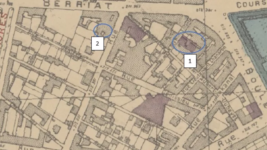 Extrait du plan général de Grenoble, dressé par Meunier Fumet et Noiray indiquant les terrains industriels, de sport, municipaux, militaires et d’Etat, 1915 (AMMG 1 Fi 000021). Localisation des fabriques Amoudru (1) et Cartier-Millon (2).