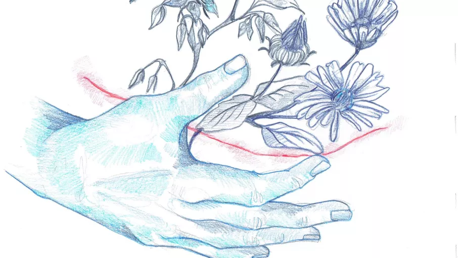 dessin de main touchant une cicatrise et des fleurs © ©Collectif Fusées - Marie Boiton