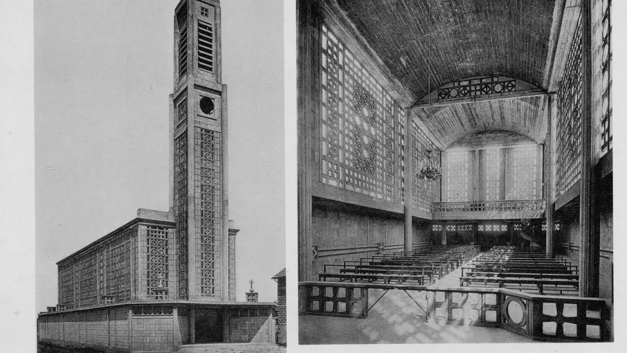 Planche d’une revue d’architecture montrant l’église Sainte-Thérèse à Montmagny d’Auguste et Gustave Perret, dans L’Architecture vivante, automne-hiver, 1926