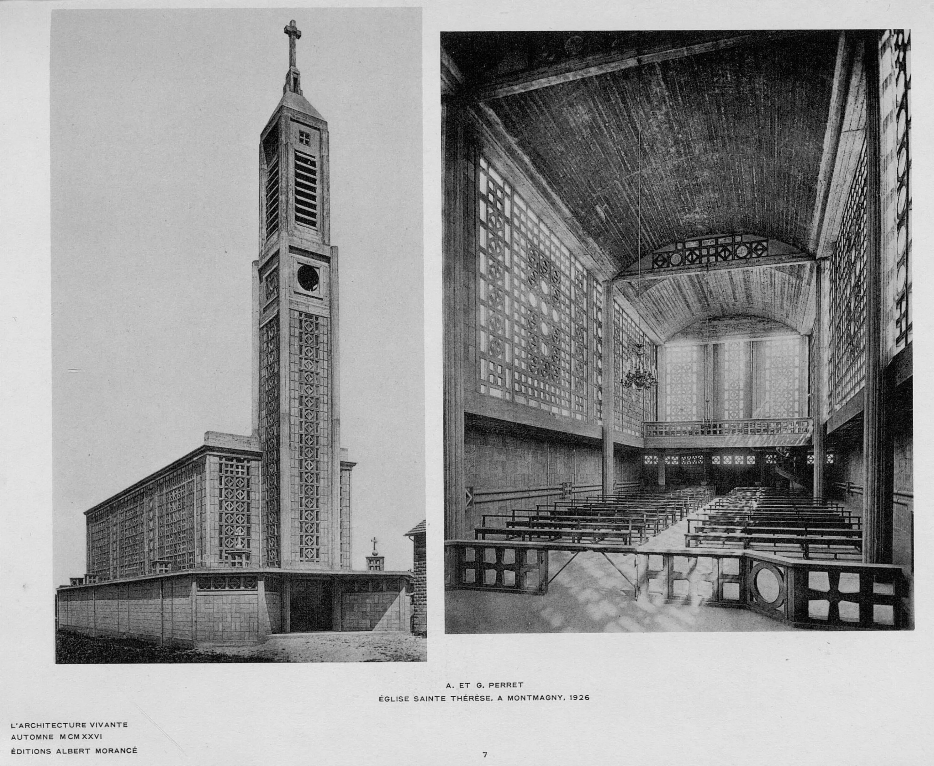 Planche d’une revue d’architecture montrant l’église Sainte-Thérèse à Montmagny d’Auguste et Gustave Perret, dans L’Architecture vivante, automne-hiver, 1926