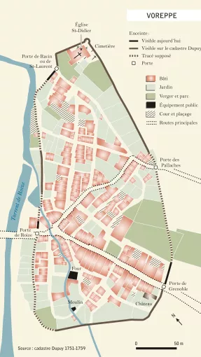 Voreppe et son enceinte au Moyen Âge. DAO E. Bournay, d'après recherche Corepha. © Patrimoine Culturel