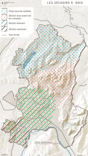 Carte Zones d’implantation prédominante des séchoirs à noix en Voironnais © DAO E. Bournay