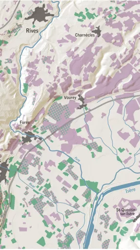 Implantation des vignes et vergers de noyers d’après la carte d’état-major révisée en 1925 © DAO E. Bournay